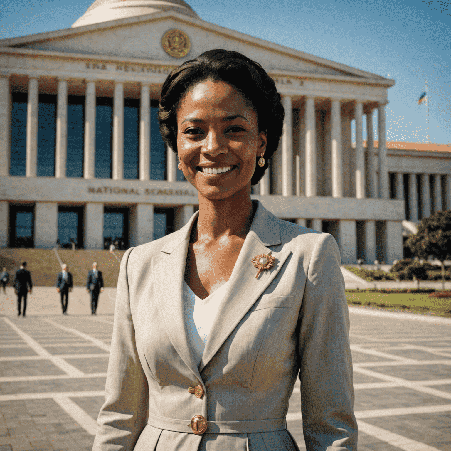 Imagem de Simone Tebet sorrindo, vestida elegantemente, em pé em frente ao Congresso Nacional em Brasília