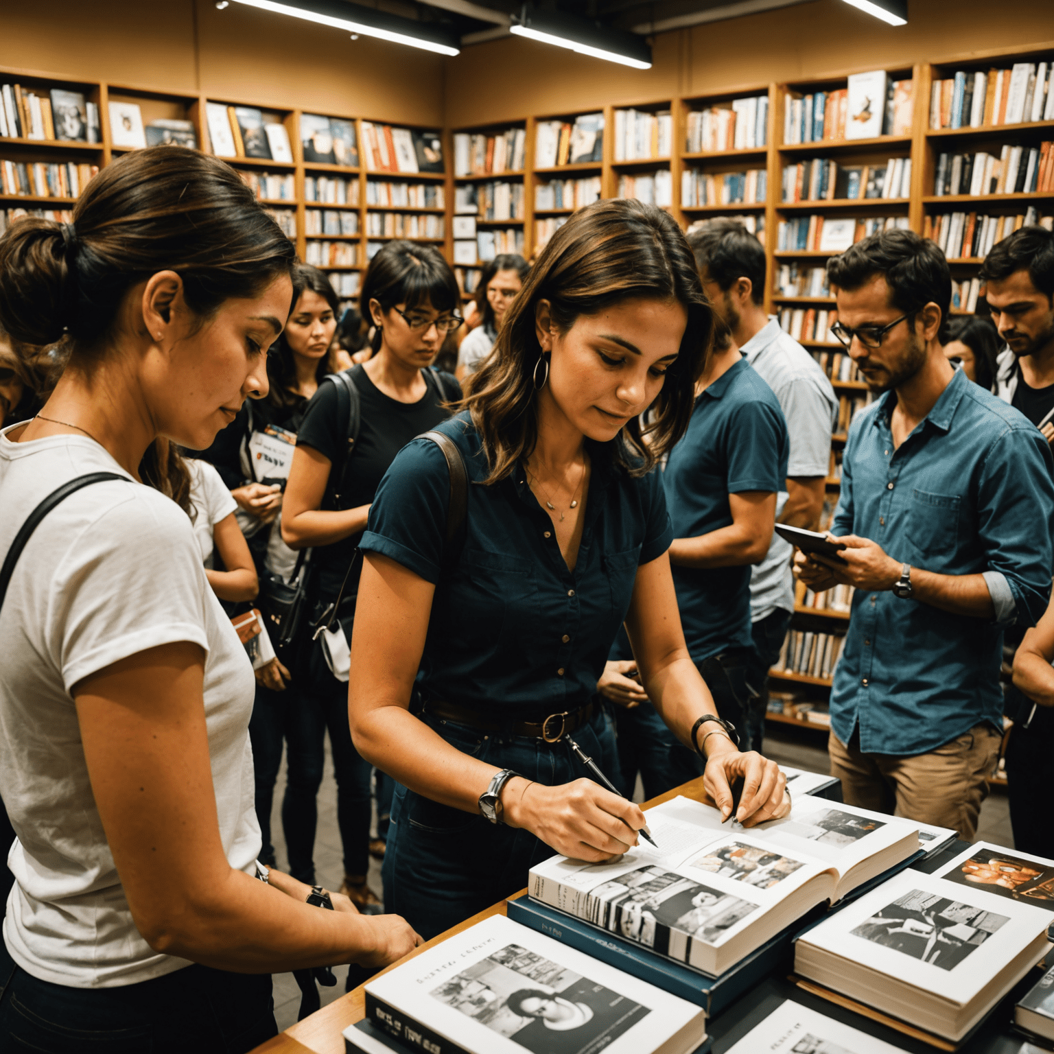 Simone Tebet assinando livros em uma livraria movimentada em São Paulo, com fãs fazendo fila