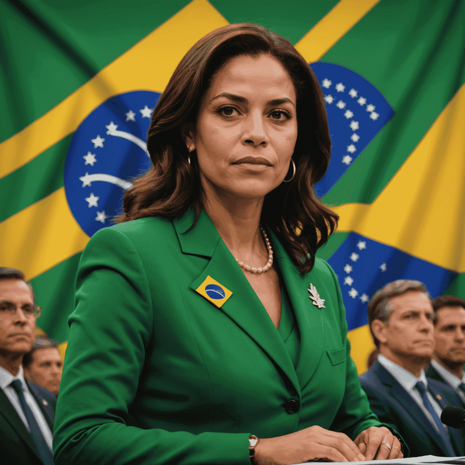 Imagem de Simone Tebet em um evento político, discursando com confiança. Bandeira do Brasil ao fundo.