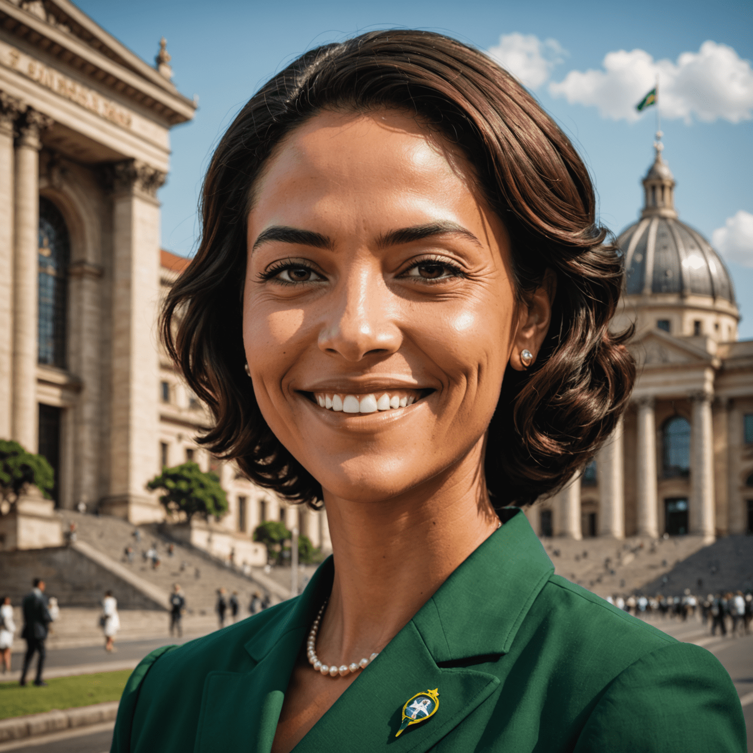 Retrato de Simone Tebet sorrindo, vestida formalmente em frente ao Congresso Nacional do Brasil