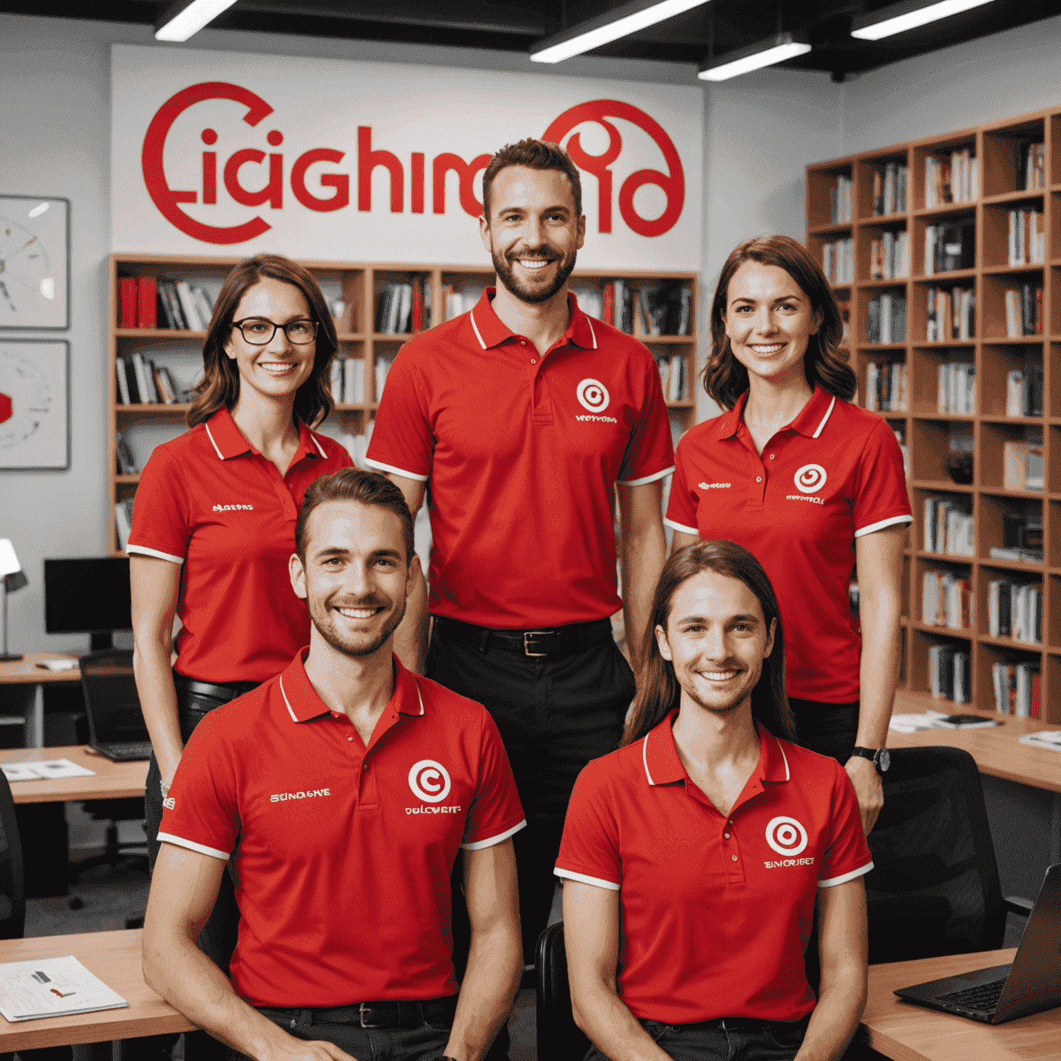 Imagem de uma equipe de suporte ao cliente sorridente, vestindo camisetas vermelhas com o logo da LightVolRendo, em um escritório moderno com decoração em tons de vermelho e branco. Ao fundo, vê-se uma estante com livros de Simone Tebet.