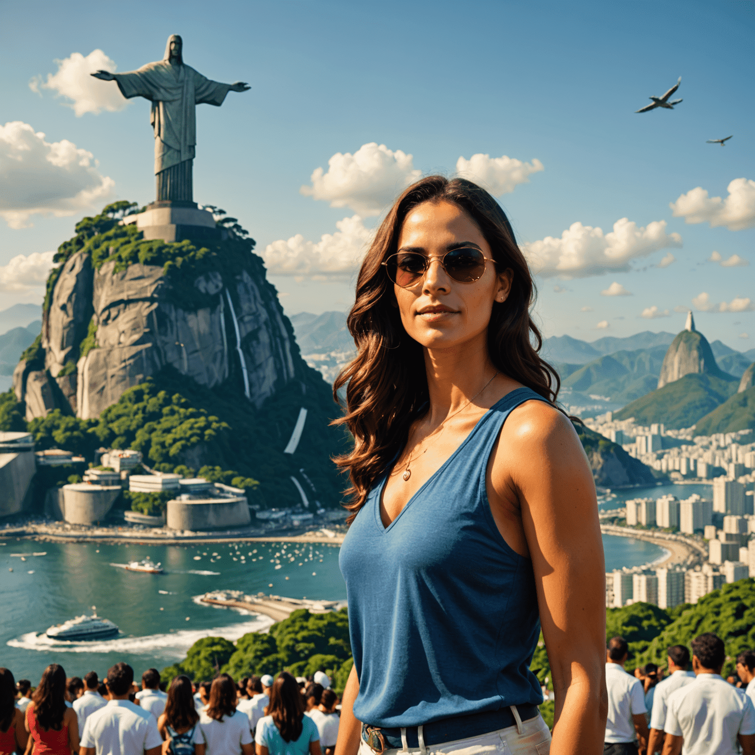 Simone Tebet em um evento ao ar livre no Rio de Janeiro, com o Cristo Redentor ao fundo