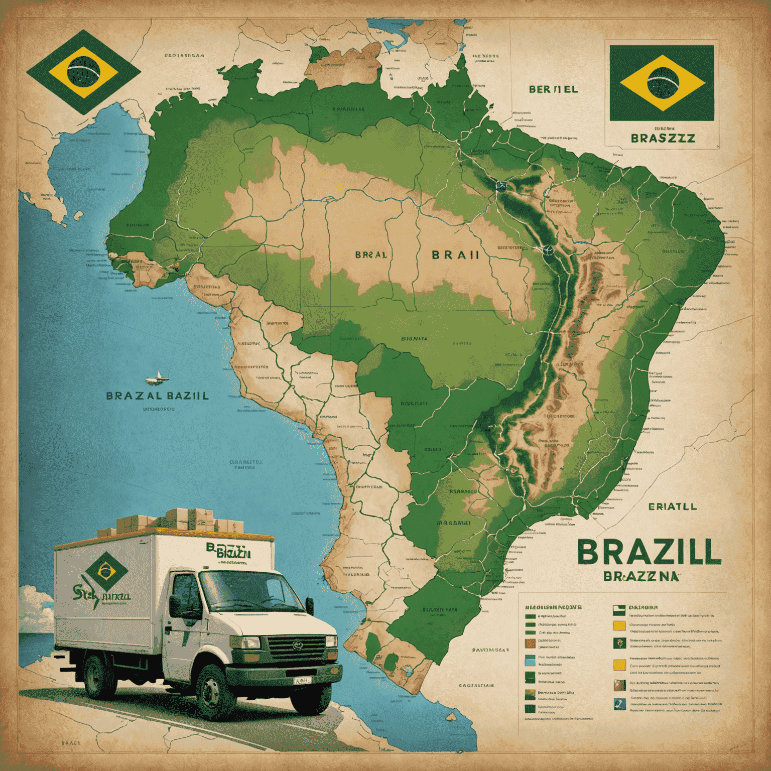 Mapa do Brasil mostrando as diferentes zonas de entrega, com um caminhão de entrega e o livro da Simone Tebet