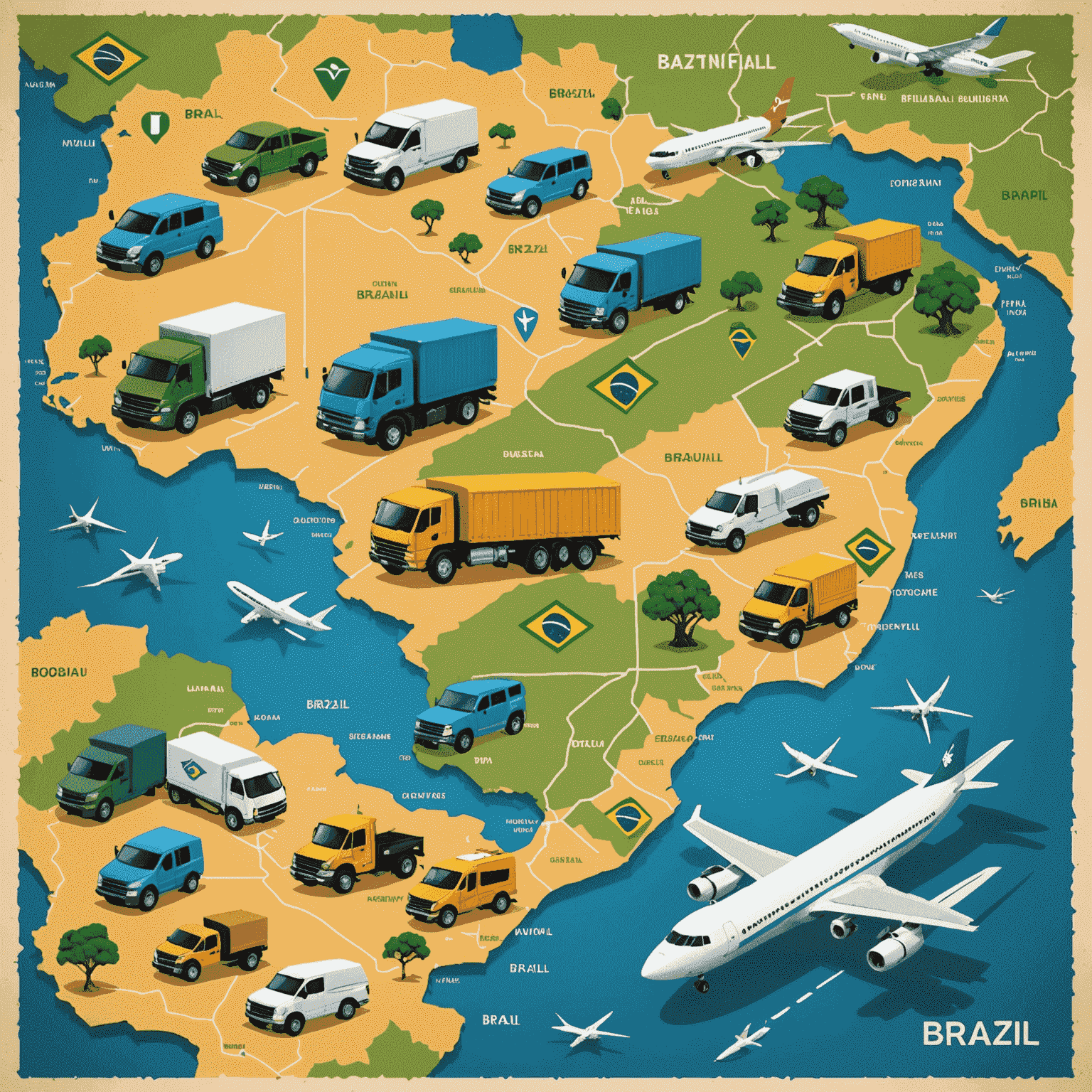 Mapa do Brasil com ícones de caminhões e aviões, representando as opções de entrega em todo o país.